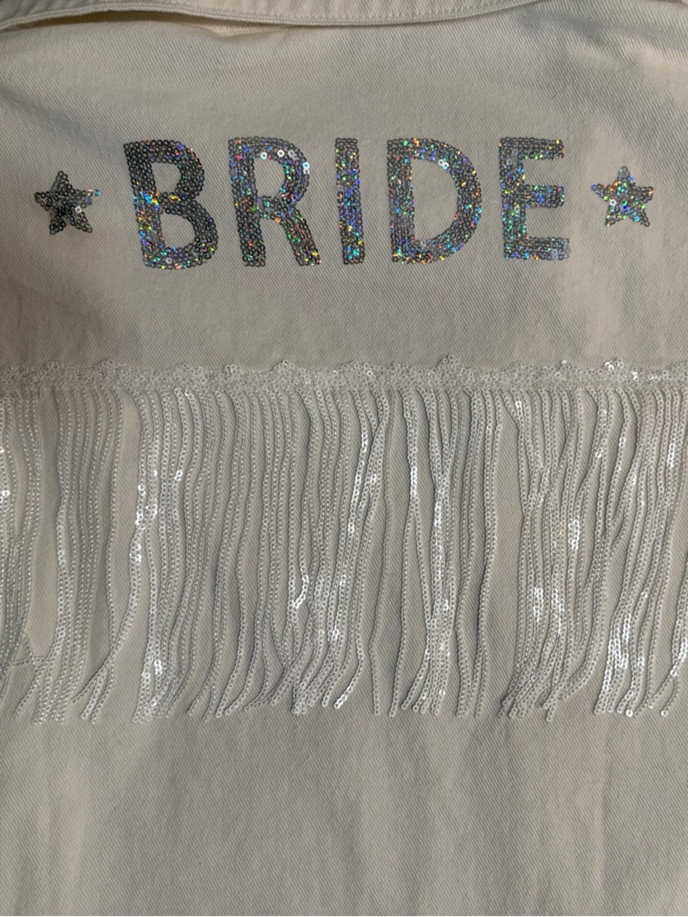 Altar'd State White Fringe 'BRIDE' Sequin Jean Jacket - Picture 2 of 3